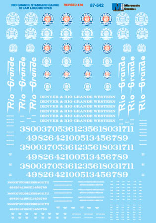 Microscale Decals 87-542 HO Scale Rio Grande D&RGW Standard Gauge Steam Locomotives