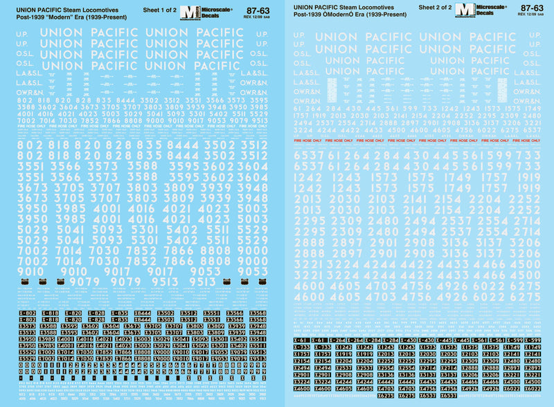Microscale Decals 87-63 HO Scale Union Pacific Steam Locomotives 2 Sheet Set