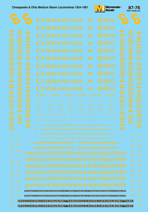 Microscale Decals 87-76 HO Scale Chesapeake & Ohio C&O Steam Locomotives (1924-1961)