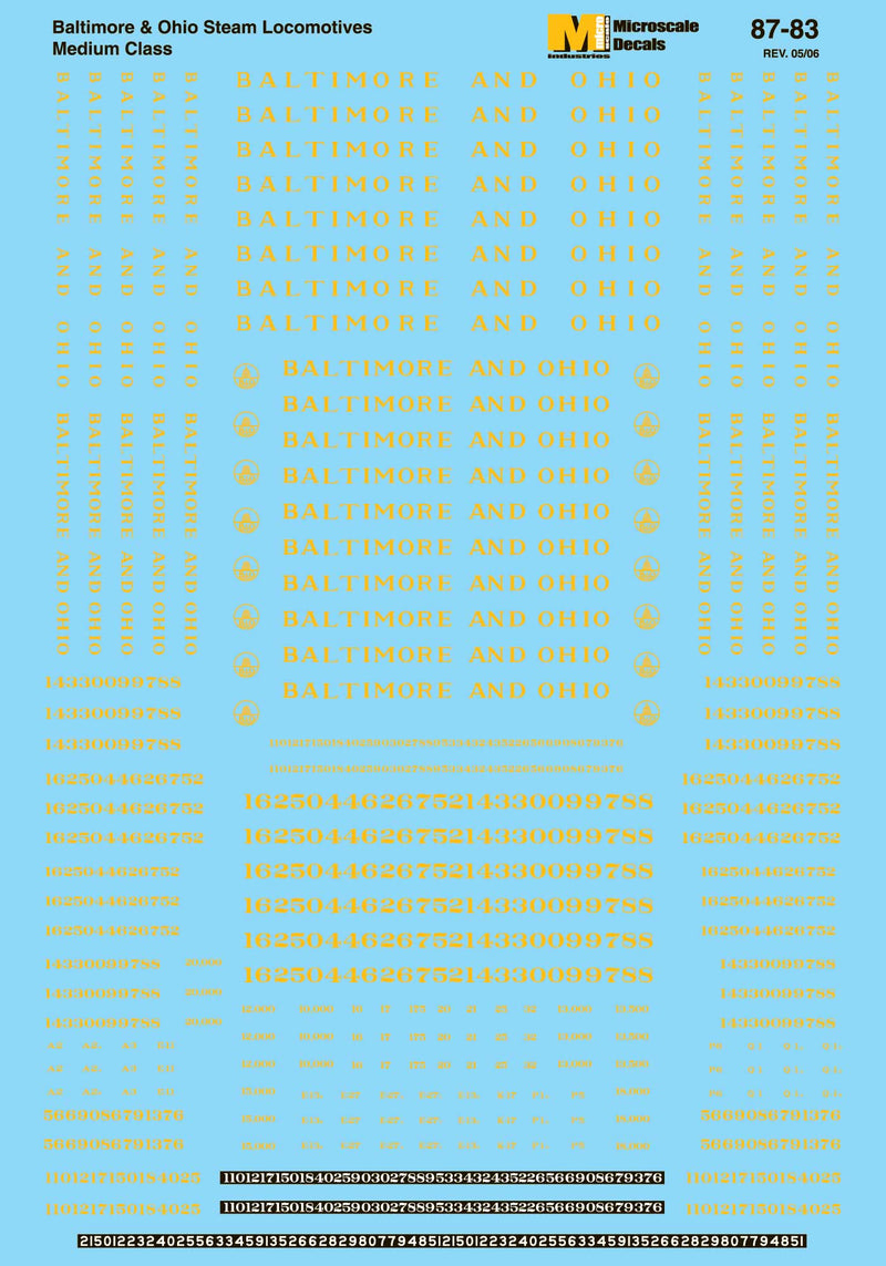Microscale Decals 87-83 HO Scale Baltimore & Ohio B&O Steam Locomotives (1923-1960)