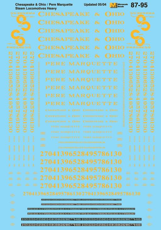 Microscale Decals 87-95 HO Scale Chesapeake & Ohio & Pere Marquette Steam Locomotives