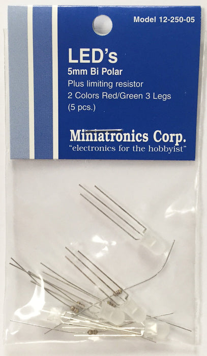 Miniatronics 12-250-05 Red and Green Bi Directional 3 Leg LED 5mm 5 Pack