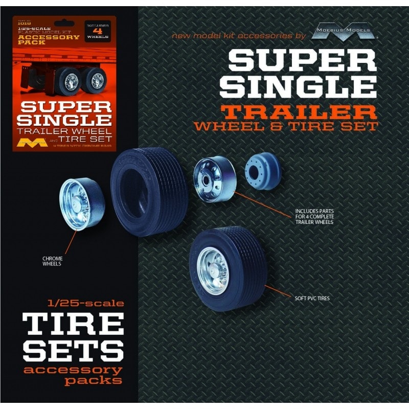 Moebius Models 1018 1/25 Super Single Tractor Trailer Wheel and Tire Set 4 Pack
