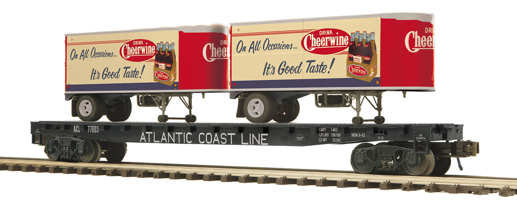 MTH 20-95510 O Scale Premier Atlantic Coast Line ACL Flatcar with Cheerwine Trailers