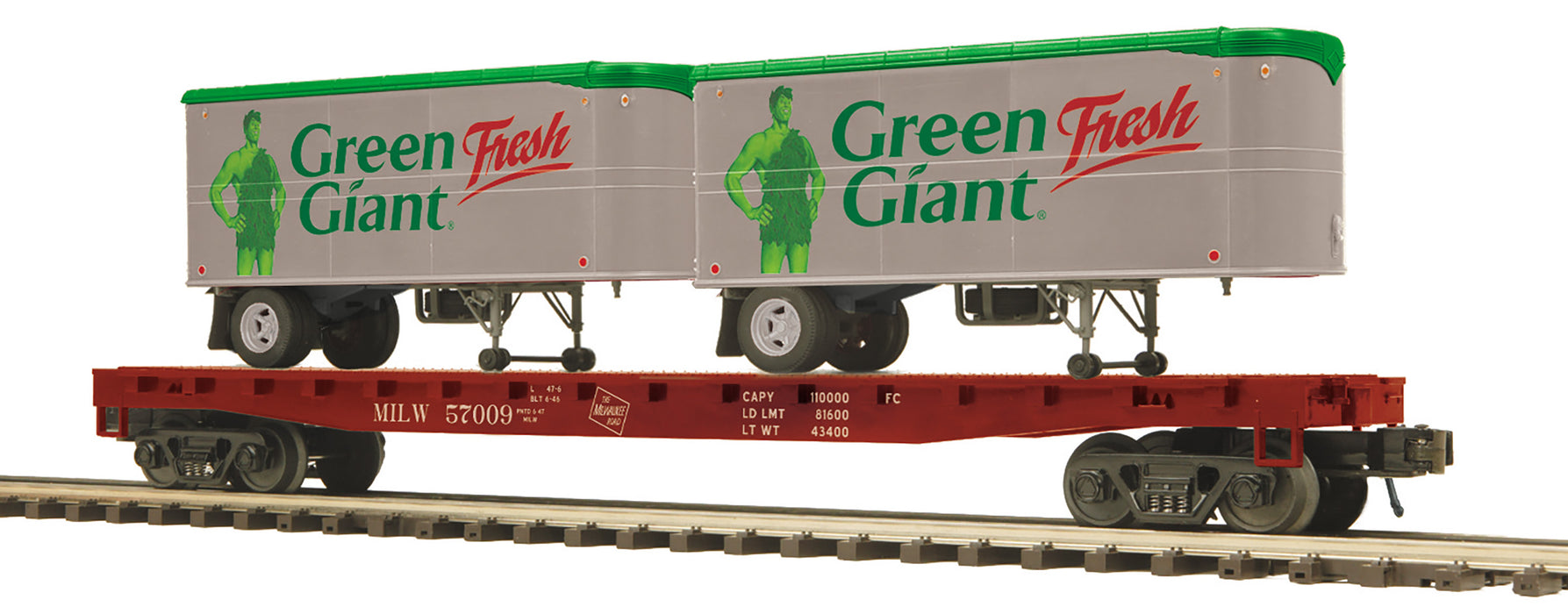 MTH Premier 20-95555 O Scale Milwaukee Road MILW Flatcar with Green Giant Pup Trailers