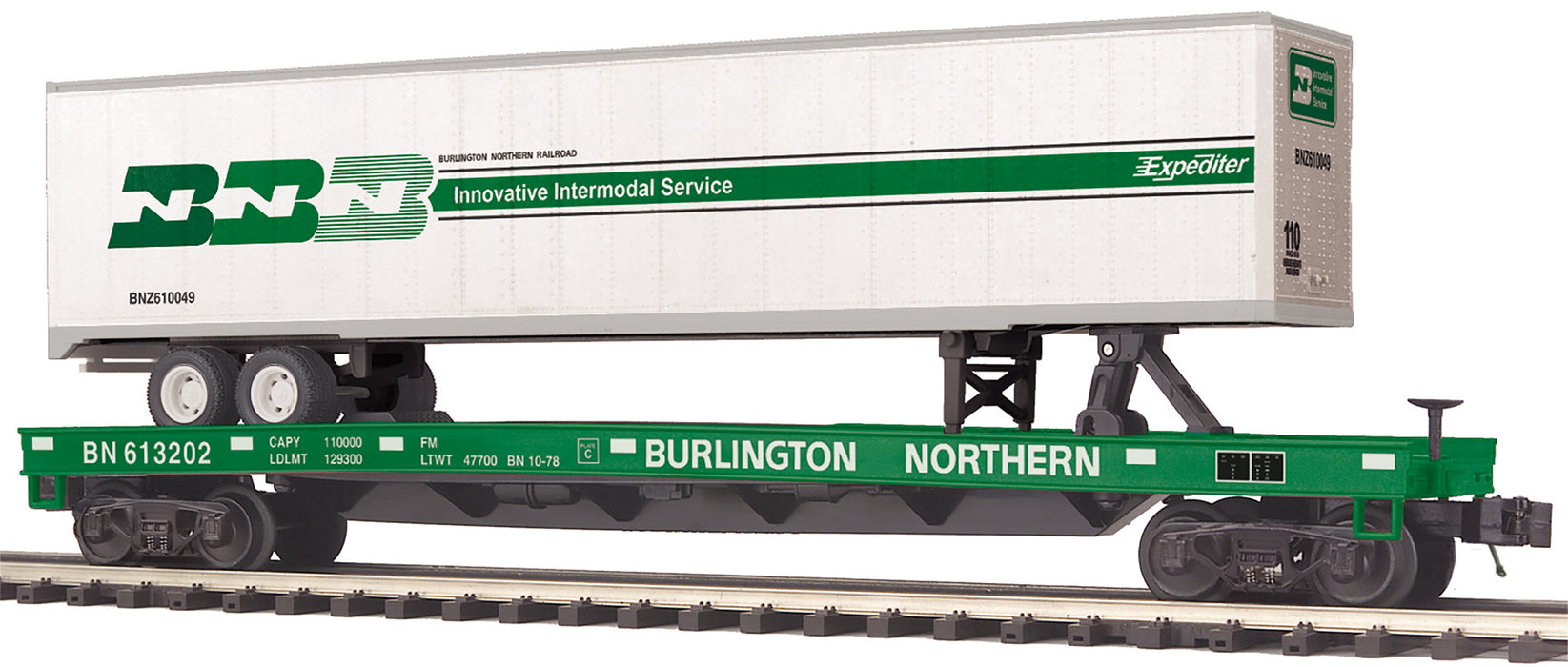 MTH Premier 20-95641 O Scale Burlington Northern Flatcar with BN Trailer