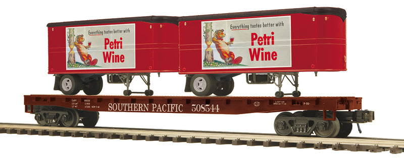 MTH Premier 20-95557 O Scale Southern Pacific SP Flatcar with Petri Wine Pup Trailers
