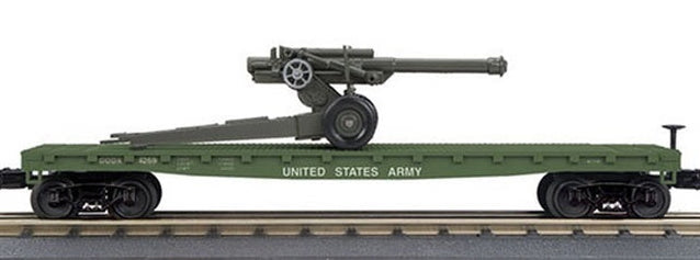 MTH RailKing 30-7099 O Gauge Flatcar with 105mm Howitzer Load Single