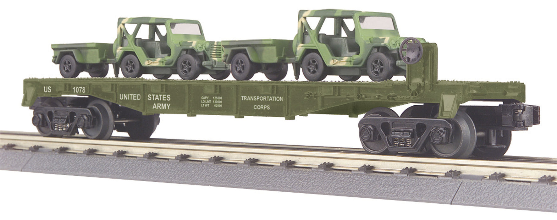 MTH RailKing 30-76041 O Gauge Flatcar with US ARMY Jeeps - NOS