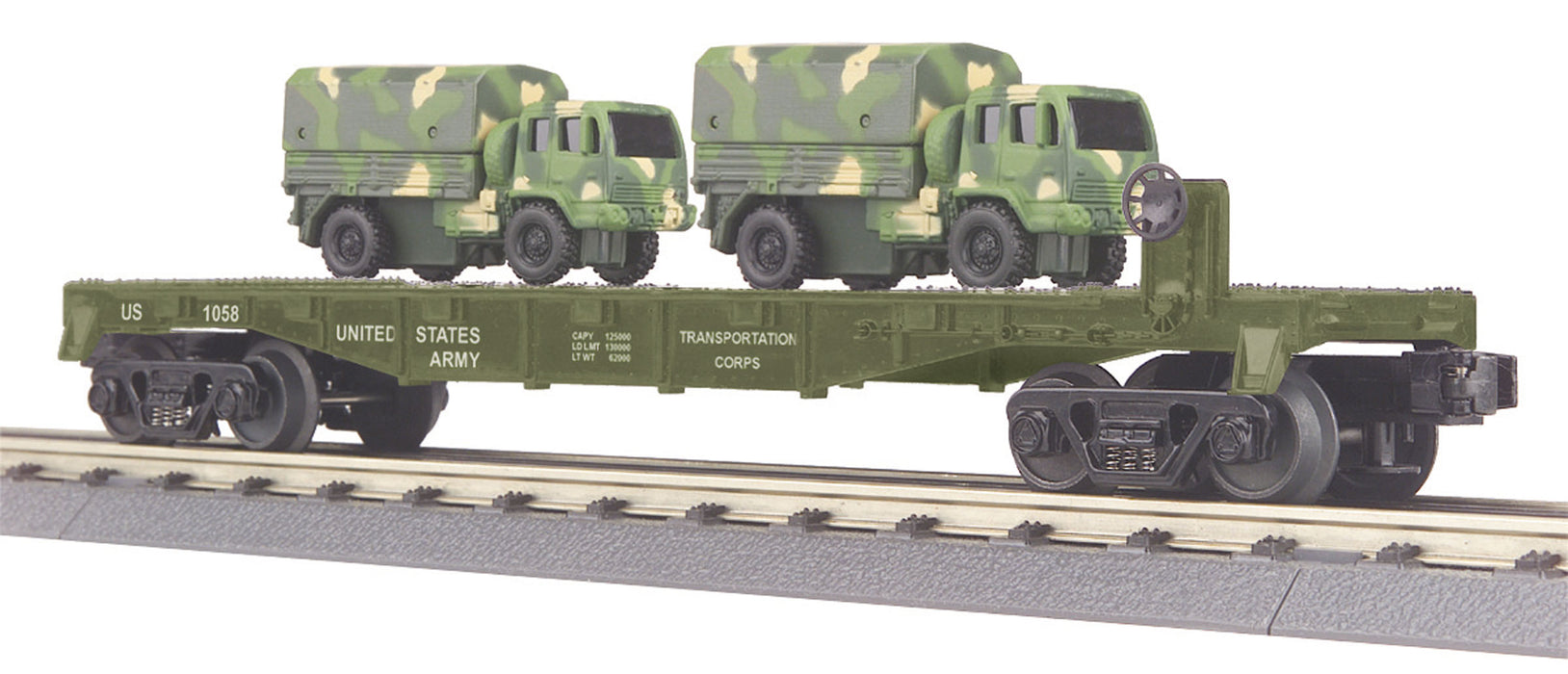 MTH RailKing 30-76042 O Gauge Flatcar with US ARMY Troop Carriers - NOS