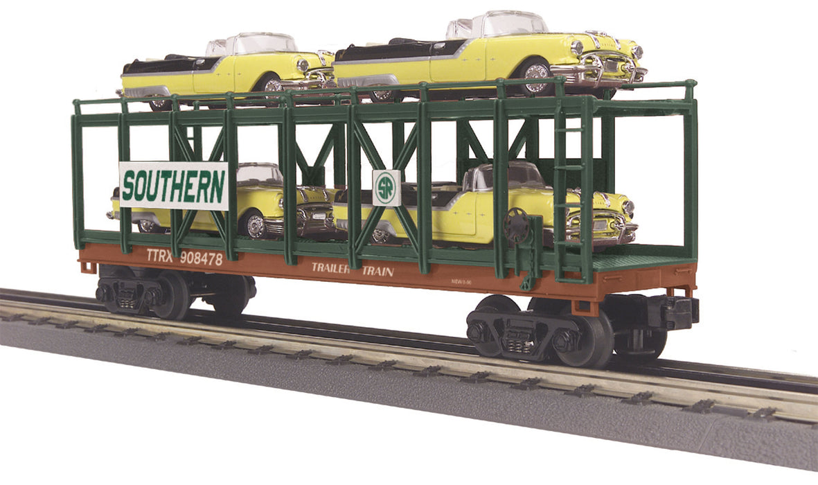 MTH Railking 30-76140 O Gauge Southern Auto Carrier Flatcar with 4 1955 Pontiac Starchiefs