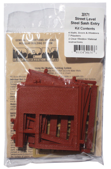 Woodland Scenics DPM 30171 HO Scale Street Level Wall Sections - Steel Sash Entry Door 4-Pack