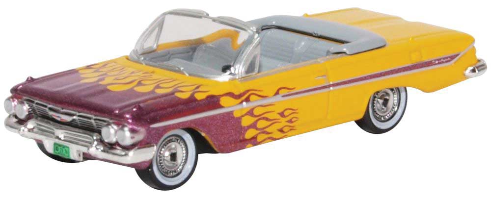 Oxford Diecast 87CI61004 HO Scale 1961 Chevy Impala Convertable Yellow with Flames