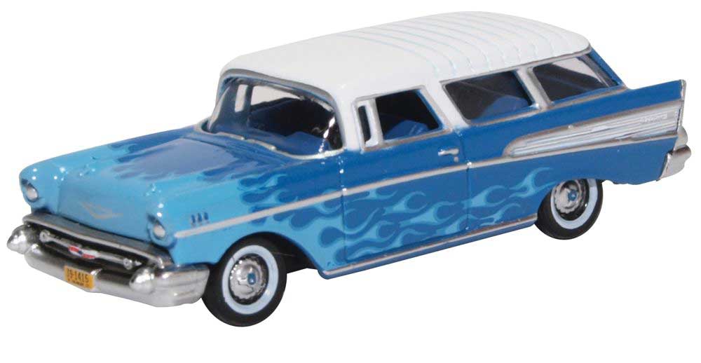 Oxford Diecast 87CN57005 HO Scale 1957 Chevy Nomad Station Wagon Hot Rod Blue with Flames