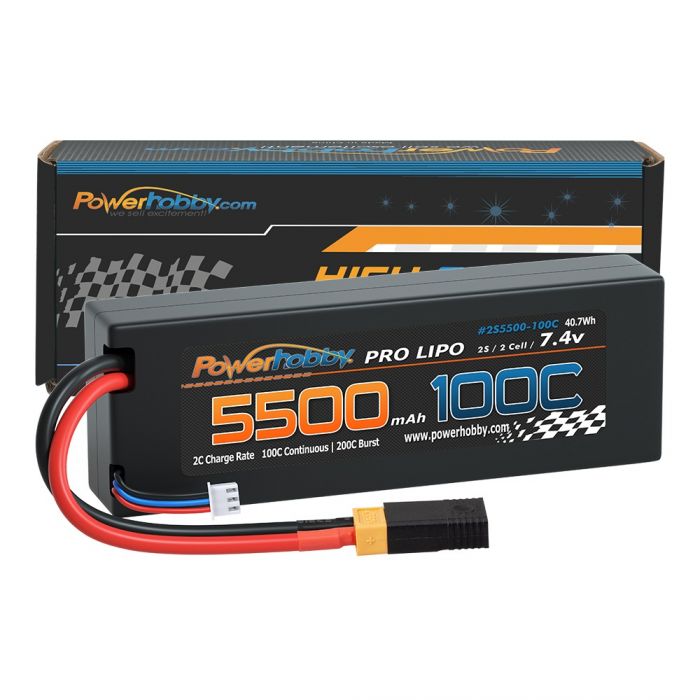 Powerhobby 2S 7.4V 5500mAh 100C Lipo Battery Pack with XT60 Plug and Adapter