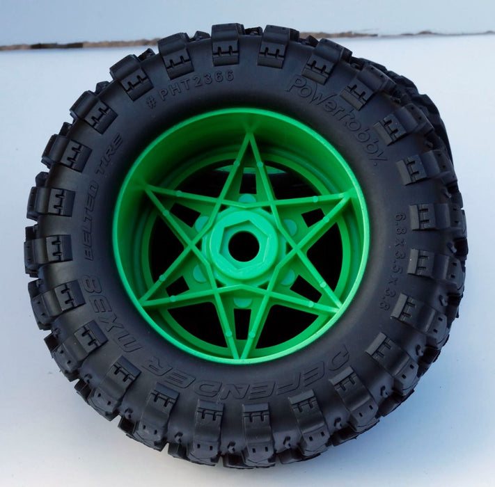 Powerhobby PHT2366-G 1/8 Defender 3.8" Belted Tires on Green 17mm Hex Wheels (1 Pair)