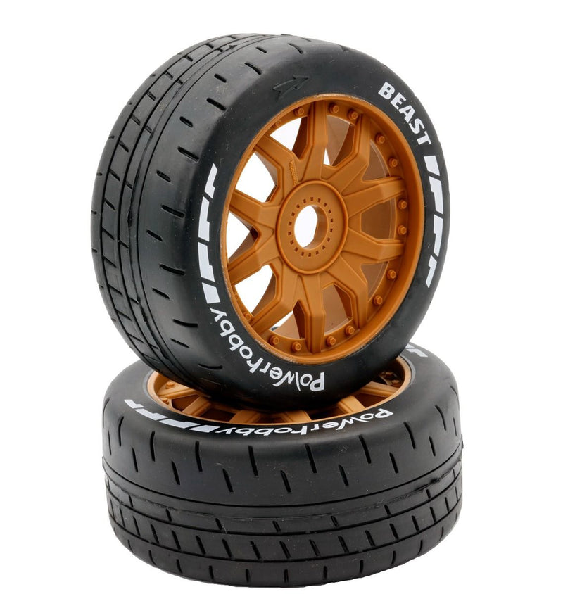 Powerhobby PHT2401-MC 1/8 Beast Belted (Medium Compound) Tires on Brown 17mm Hex Wheels