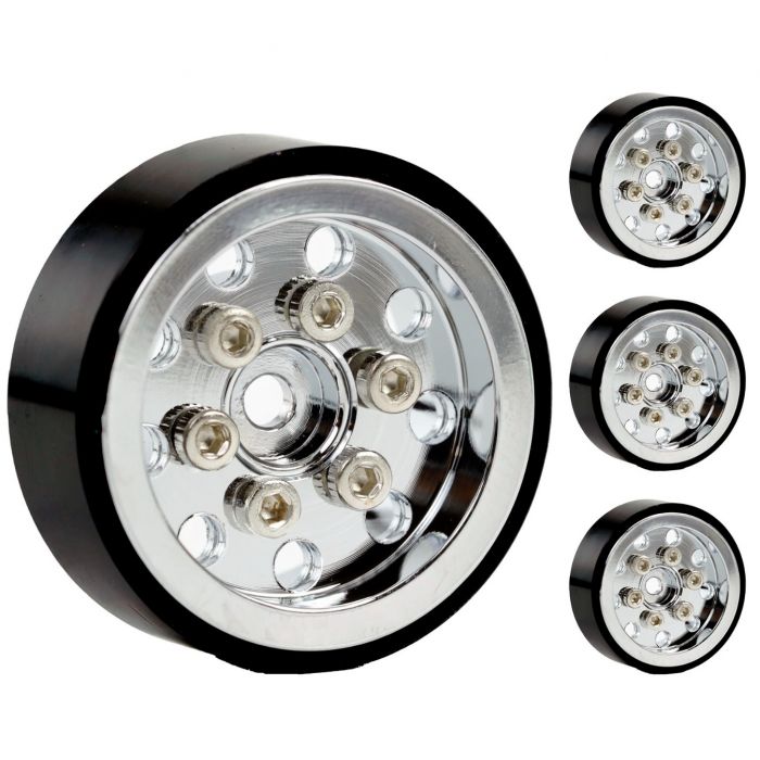 Powerhobby SCX24131 9 Hole Aluminum 1.0" Rock Crawler Beadlock Wheels 4 Pack - Chrome