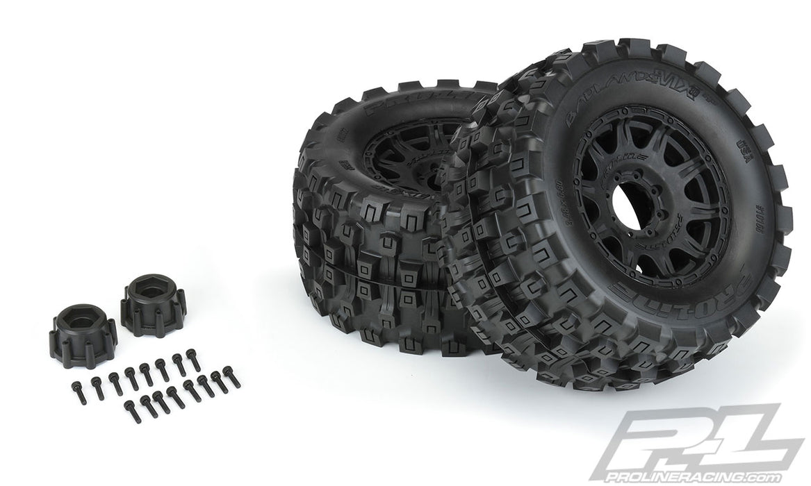 Pro-Line 10166-10 Badlands MX38 HP Belted Tires Mounted on Black Raid 3.8 17mm Hex Wheels 1 Pair