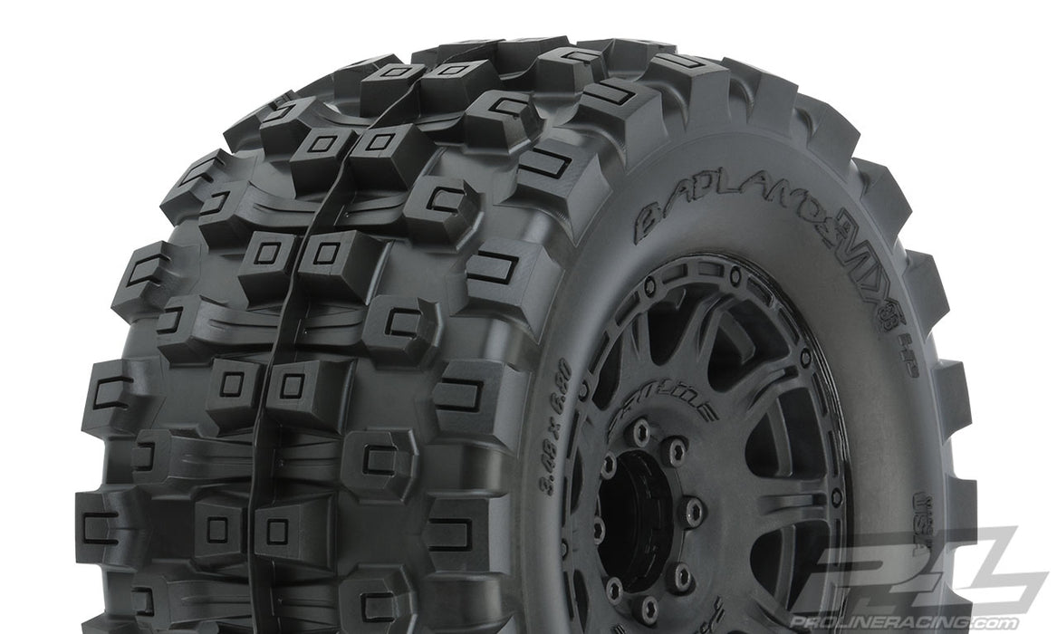 Pro-Line 10166-10 Badlands MX38 HP Belted Tires Mounted on Black Raid 3.8 17mm Hex Wheels 1 Pair