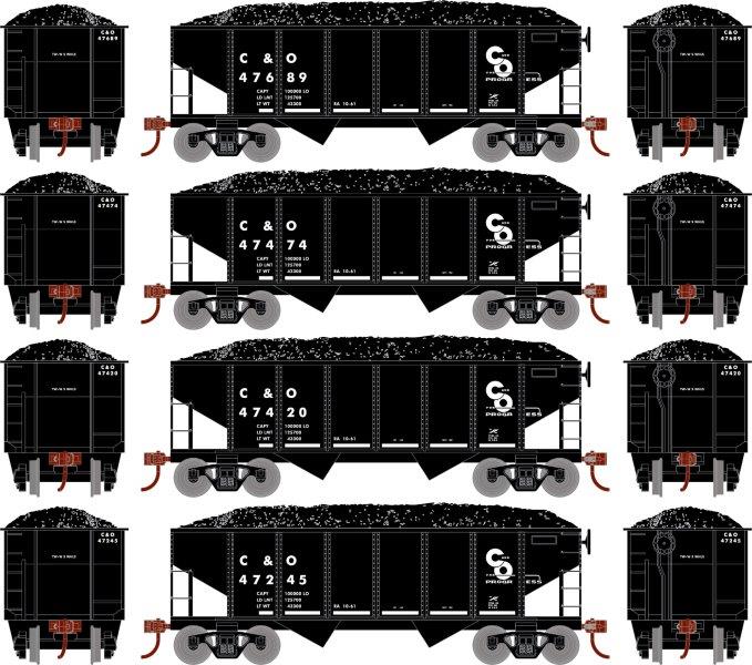 Roundhouse 1045 HO Scale 34' Ribbed Hopper Chesapeake & Ohio C&O 4 Pack #1
