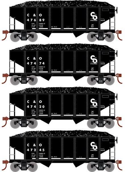 Roundhouse 1045 HO Scale 34' Ribbed Hopper Chesapeake & Ohio C&O 4 Pack #1