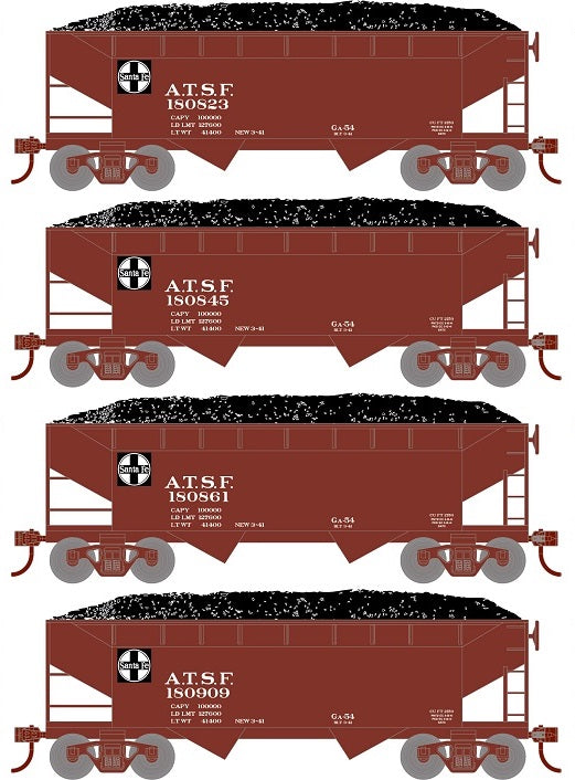 Roundhouse 1280 HO Scale 34' Offset Open Hopper Santa Fe ATSF 4 Pack #1