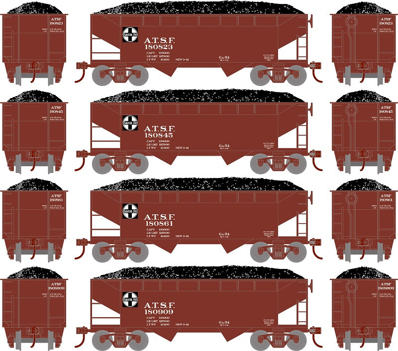 Roundhouse 1280 HO Scale 34' Offset Open Hopper Santa Fe ATSF 4 Pack #1