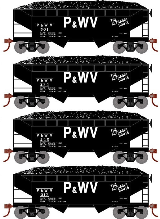 Roundhouse 1292 HO Scale 34' Offset Open Hopper Pittsburgh & West Virginia P&WV 4 Pack #1