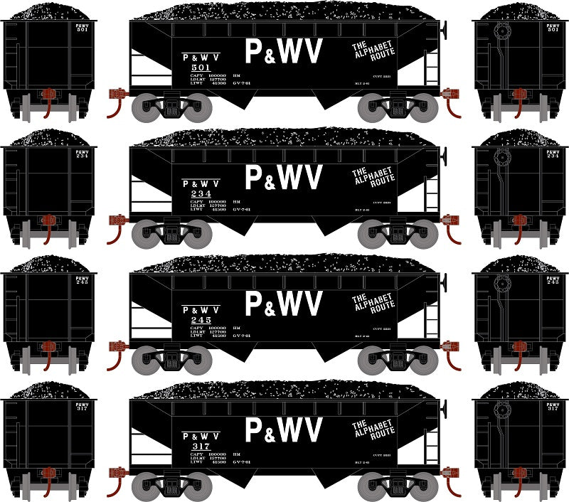 Roundhouse 1292 HO Scale 34' Offset Open Hopper Pittsburgh & West Virginia P&WV 4 Pack #1