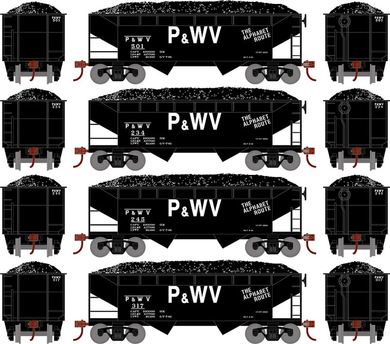 Roundhouse 1292 HO Scale 34' Offset Open Hopper Pittsburgh & West Virginia P&WV 4 Pack #1