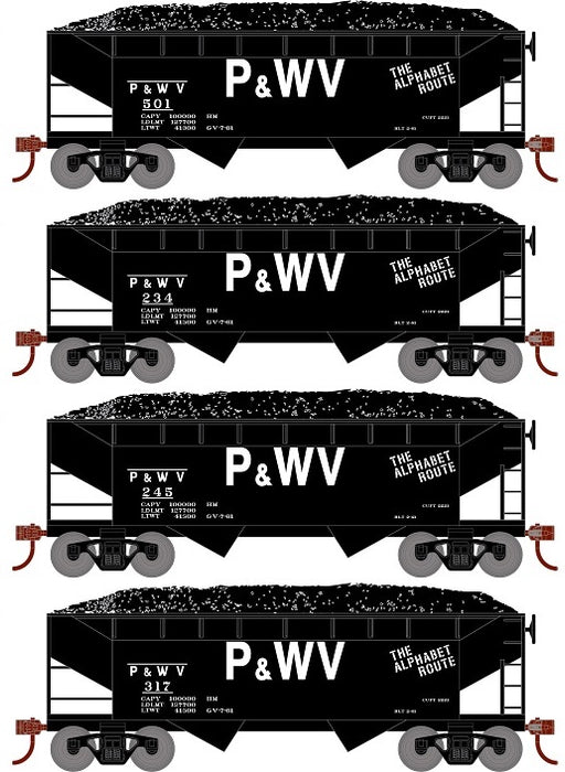 Roundhouse 1292 HO Scale 34' Offset Open Hopper Pittsburgh & West Virginia P&WV 4 Pack #1