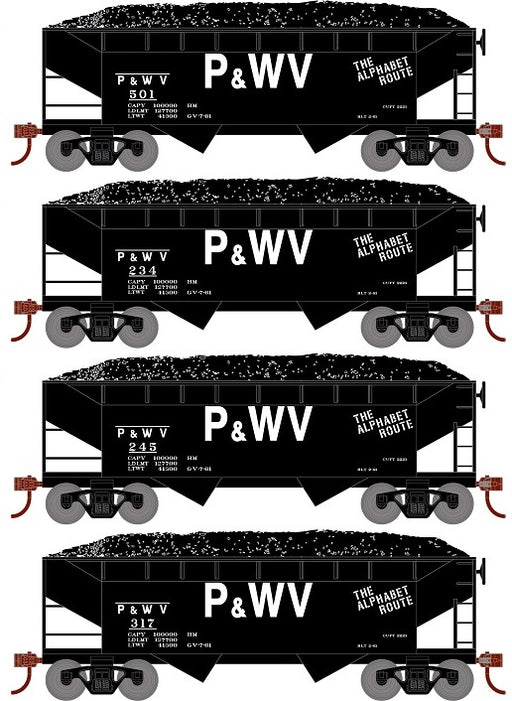 Roundhouse 1292 HO Scale 34' Offset Open Hopper Pittsburgh & West Virginia P&WV 4 Pack #1