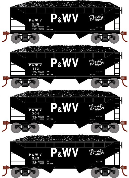 Roundhouse 1293 HO Scale 34' Offset Open Hopper Pittsburgh & West Virginia P&WV 4 Pack #2