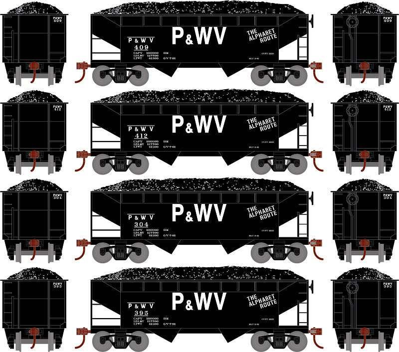 Roundhouse 1293 HO Scale 34' Offset Open Hopper Pittsburgh & West Virginia P&WV 4 Pack #2