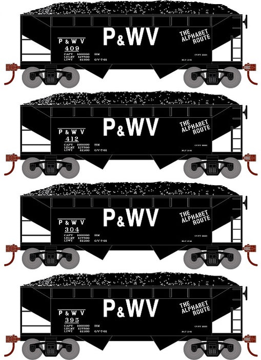 Roundhouse 1293 HO Scale 34' Offset Open Hopper Pittsburgh & West Virginia P&WV 4 Pack #2