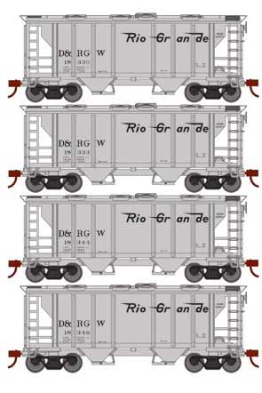 Roundhouse 2416 HO PS-2 2003 2 Bay Covered Hopper Rio Grande D&RGW 4 Pack