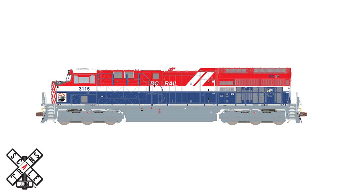ScaleTrains Rivet 33185 HO Scale GE ET44AC Tier 4 GEVo Diesel BC Rail Heritage CN 3115 LokSound