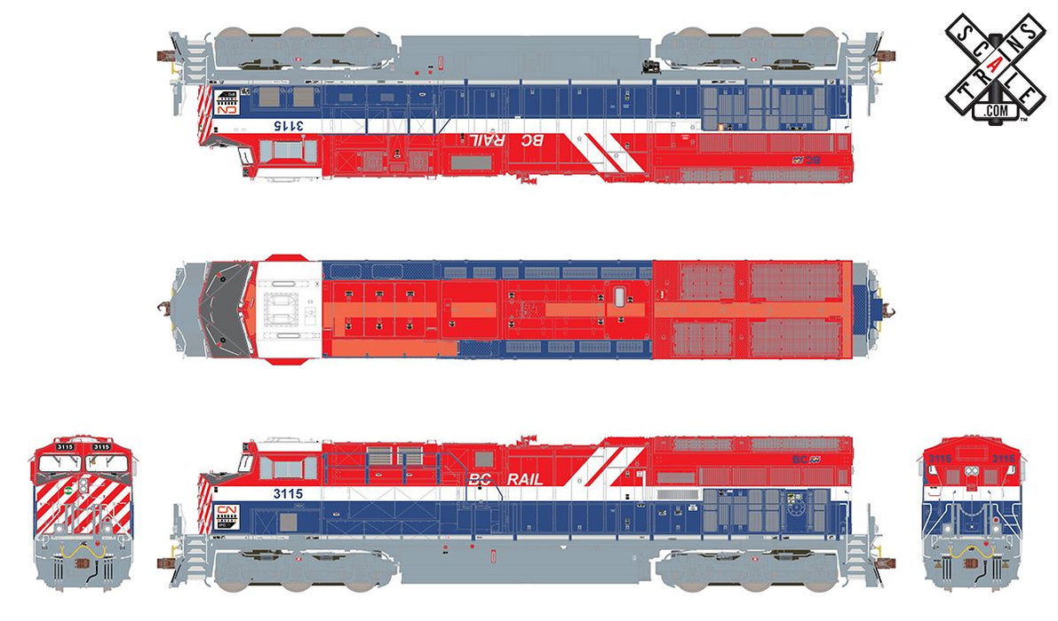 ScaleTrains Rivet 33185 HO Scale GE ET44AC Tier 4 GEVo Diesel BC Rail Heritage CN 3115 LokSound