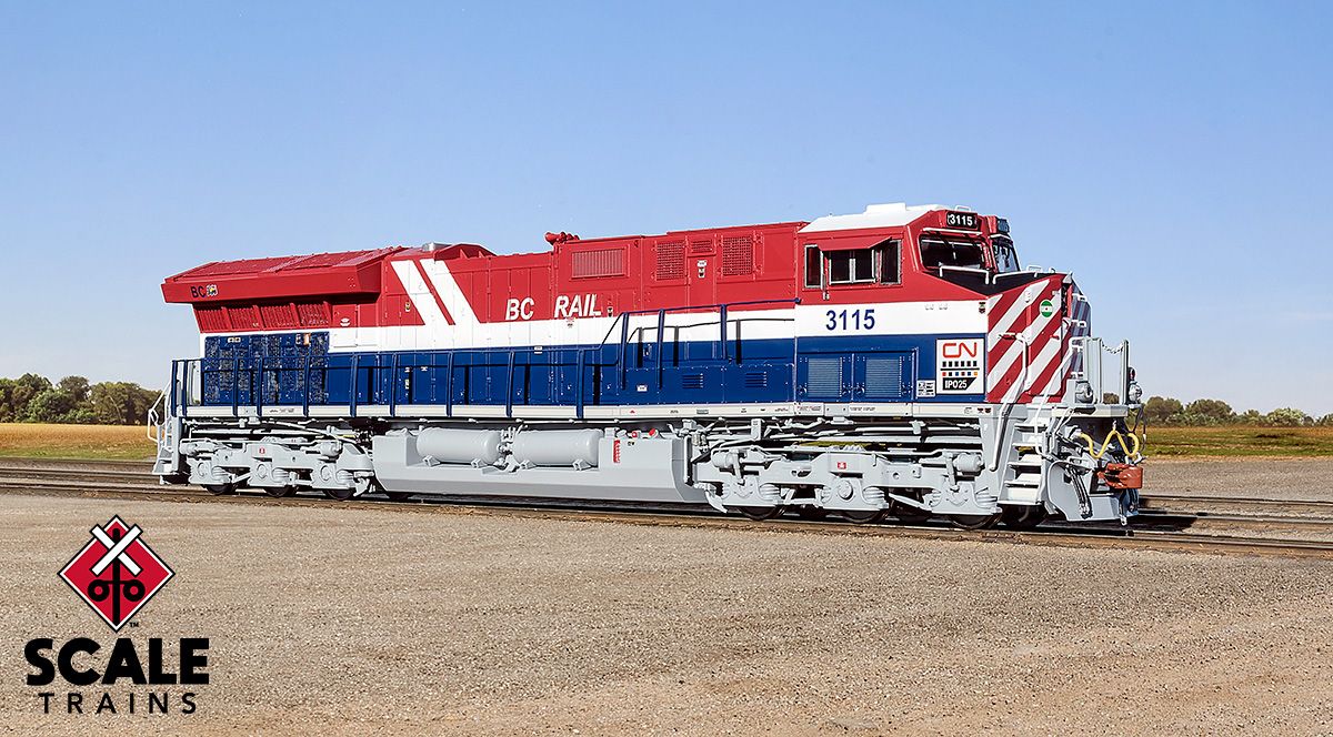 ScaleTrains Rivet 33185 HO Scale GE ET44AC Tier 4 GEVo Diesel BC Rail Heritage CN 3115 LokSound