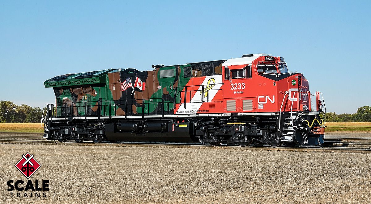 ScaleTrains Rivet 33187 HO Scale GE ET44AC Tier 4 GEVo Diesel "Veterans" CN 3233 LokSound