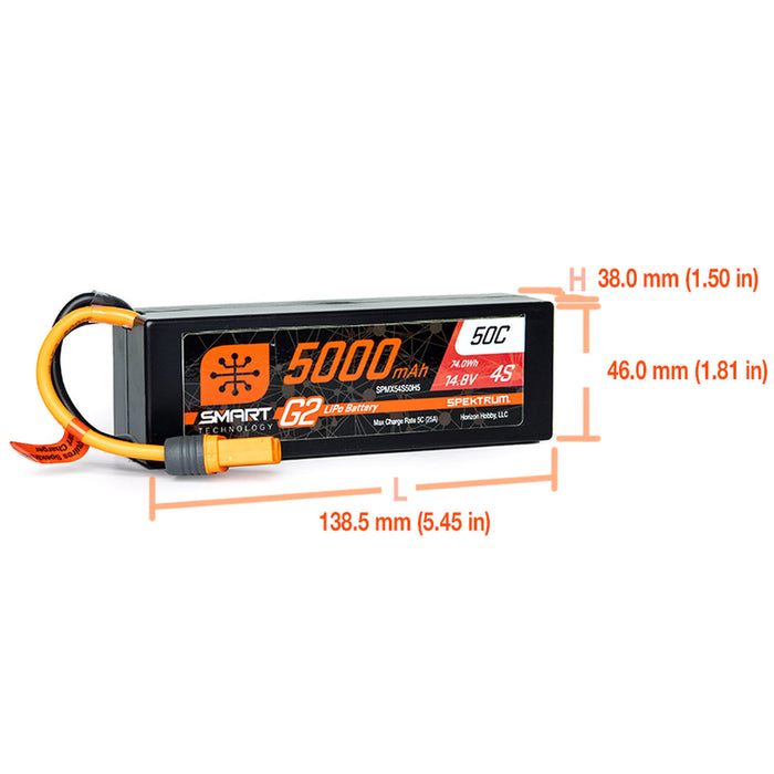 Spektrum SPMX54S50H5 5000mAh 4S 14.8V 50C SMART G2 LiPo Battery with IC5/EC5