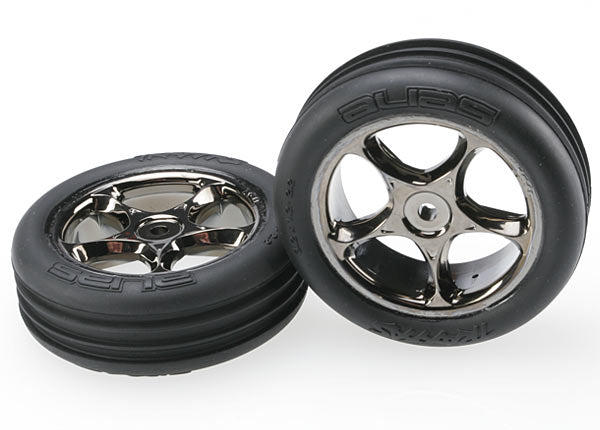 Traxxas 2471A Front 2.2" Alias Ribbed Soft Compound Tires mounted on Black Chrome Tracer Wheels