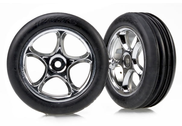 Traxxas 2471R Front 2.2" Alias Ribbed Soft Compound Tires mounted on Chrome Tracer Wheels