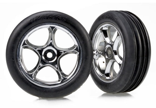 Traxxas 2471R Front 2.2" Alias Ribbed Soft Compound Tires mounted on Chrome Tracer Wheels