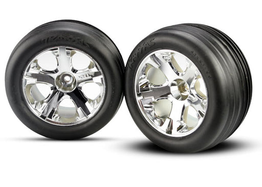 Traxxas 3771 Ribbed Tires on 2.8 Chrome Star Wheels for Front of Rustler