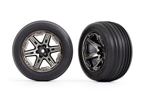 Traxxas 3771R 2.8" RXT Black Chrome Wheels with Ribbed Tires Front of Rustler 2WD 2 Pack