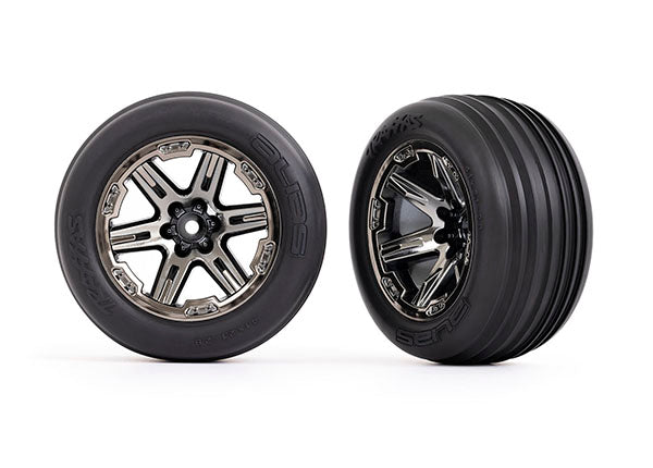 Traxxas 3771R 2.8" RXT Black Chrome Wheels with Ribbed Tires Front of Rustler 2WD 2 Pack