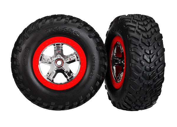 Traxxas 5888 SCT Off Road Tires on Beadlock Style Chrome and Red Wheels 1 Pair
