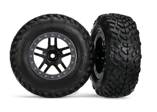 Traxxas 5890 SCT Off Road Tires on Beadlock Style Satin Chrome and Black Wheels 1 Pair
